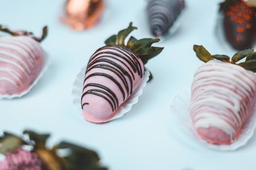 A close-up of assorted pink and chocolate-dipped strawberries showcasing intricate designs, perfect for weddings and celebrations.