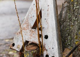 Rusty metal letter 'A' leaning against a tree trunk in a forest setting.